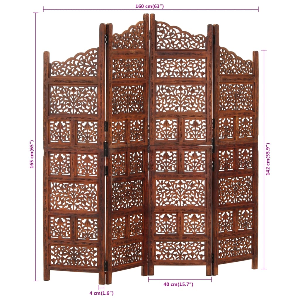 vidaXL Paravan cameră sculptat manual 4 panouri maro 160x165 cm mango vidaXL Paravan cameră sculptat manual 4 panouri maro 160x165 cm mango