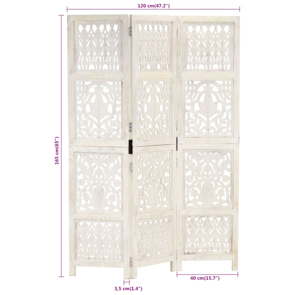 vidaXL Paravan cameră sculptat manual 3 panouri alb 120x165 cm mango vidaXL Paravan cameră sculptat manual 3 panouri alb 120x165 cm mango