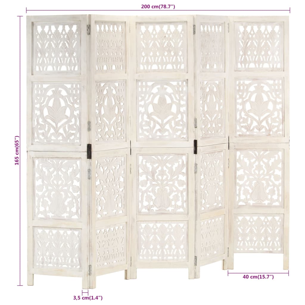 vidaXL Paravan cameră sculptat manual 5 panouri alb 200x165 cm mango vidaXL Paravan cameră sculptat manual 5 panouri alb 200x165 cm mango
