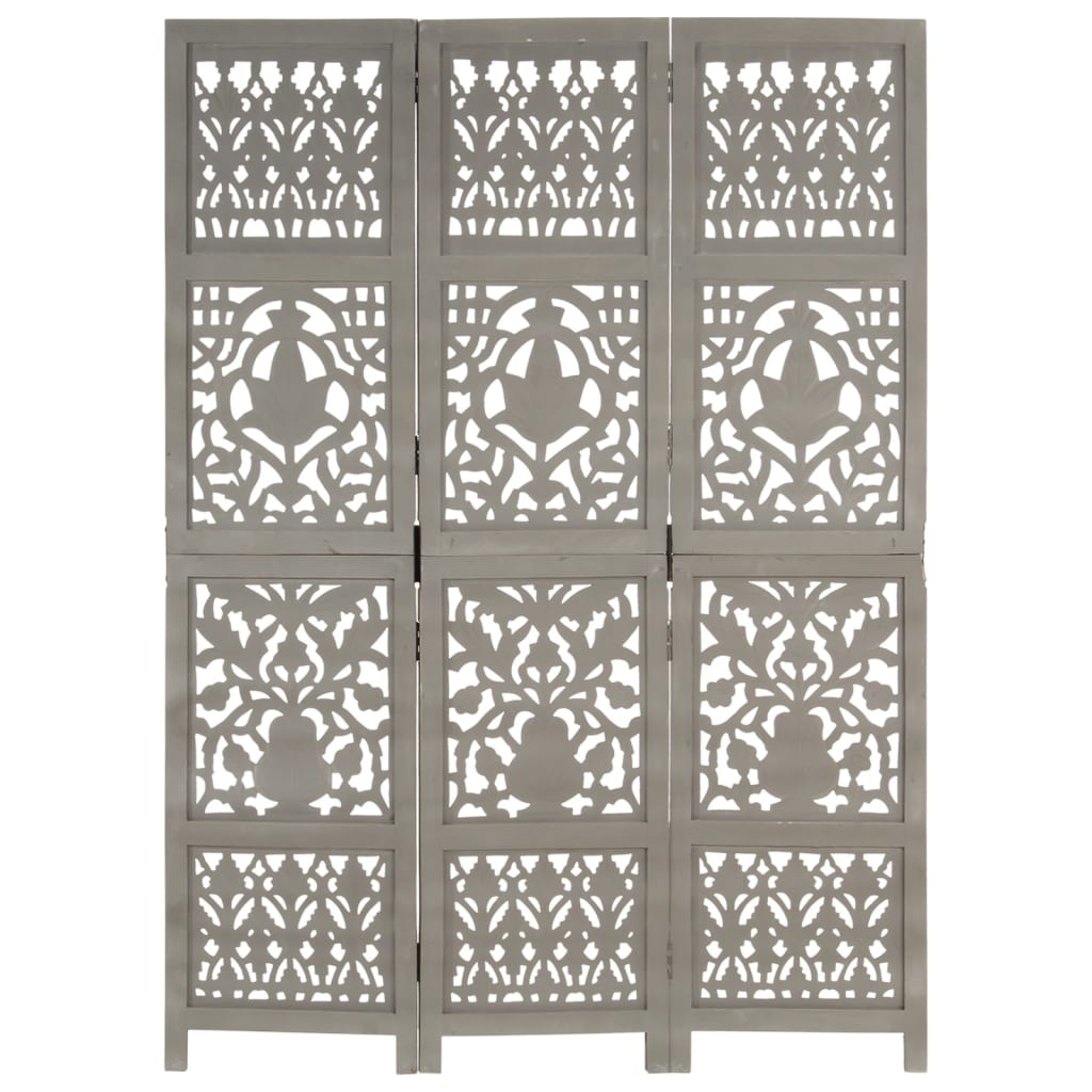 vidaXL Paravan cameră sculptat manual 3 panouri gri 120x165 cm mango vidaXL Paravan cameră sculptat manual 3 panouri gri 120x165 cm mango