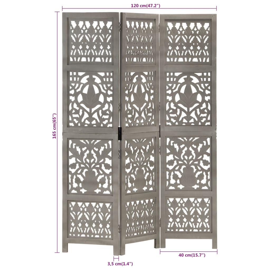 vidaXL Paravan cameră sculptat manual 3 panouri gri 120x165 cm mango vidaXL Paravan cameră sculptat manual 3 panouri gri 120x165 cm mango