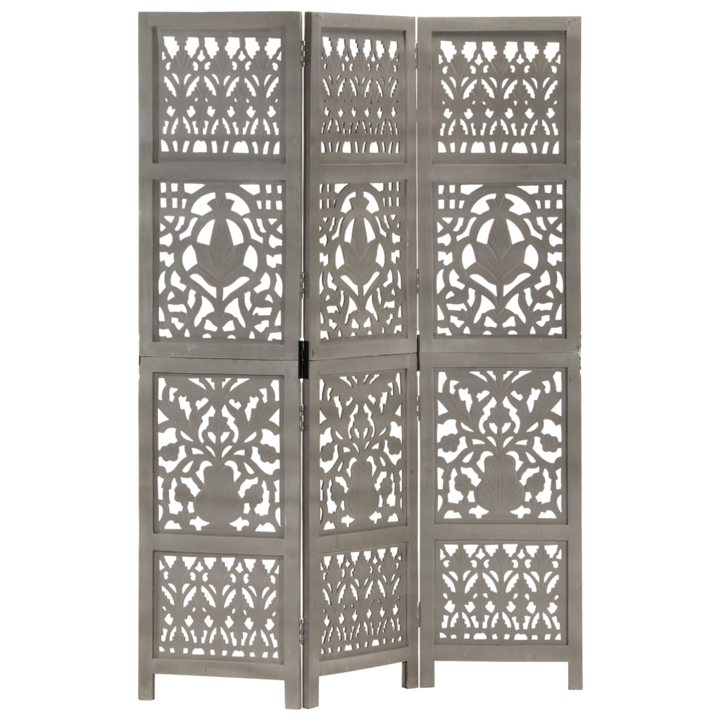 vidaXL Paravan cameră sculptat manual 3 panouri gri 120x165 cm mango vidaXL Paravan cameră sculptat manual 3 panouri gri 120x165 cm mango