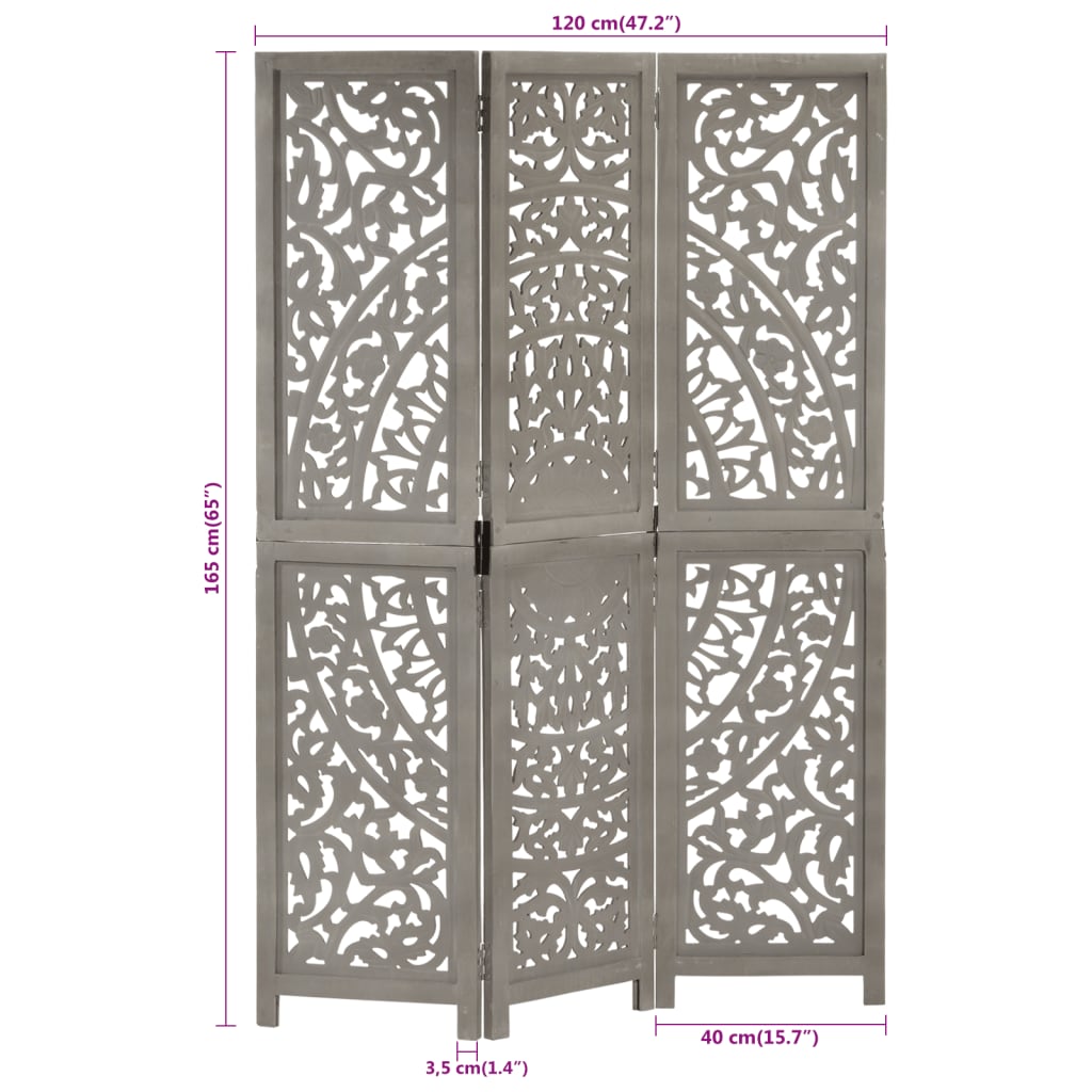vidaXL Paravan cameră sculptat manual 3 panouri gri 120x165 cm mango vidaXL Paravan cameră sculptat manual 3 panouri gri 120x165 cm mango