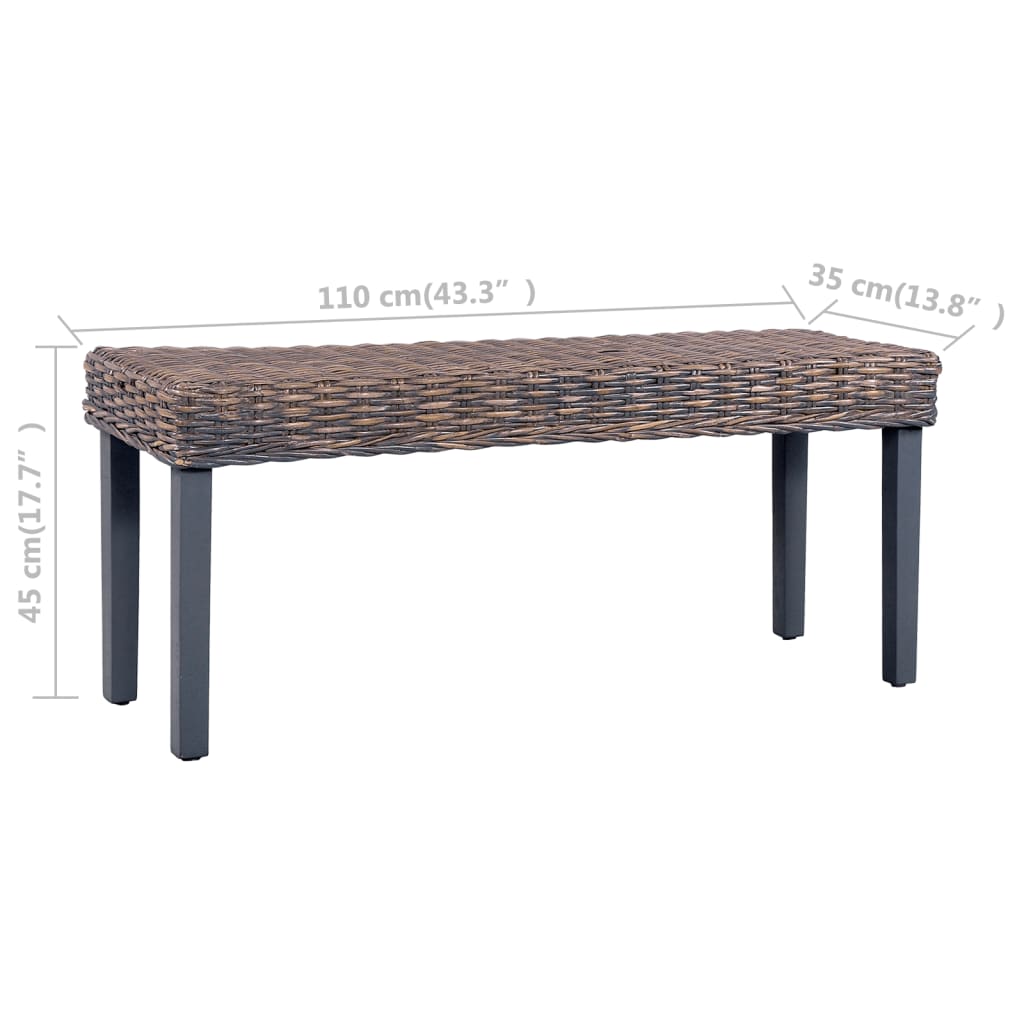 vidaXL Bancă, gri, 110 cm, ratan kubu natural și lemn masiv de mahon