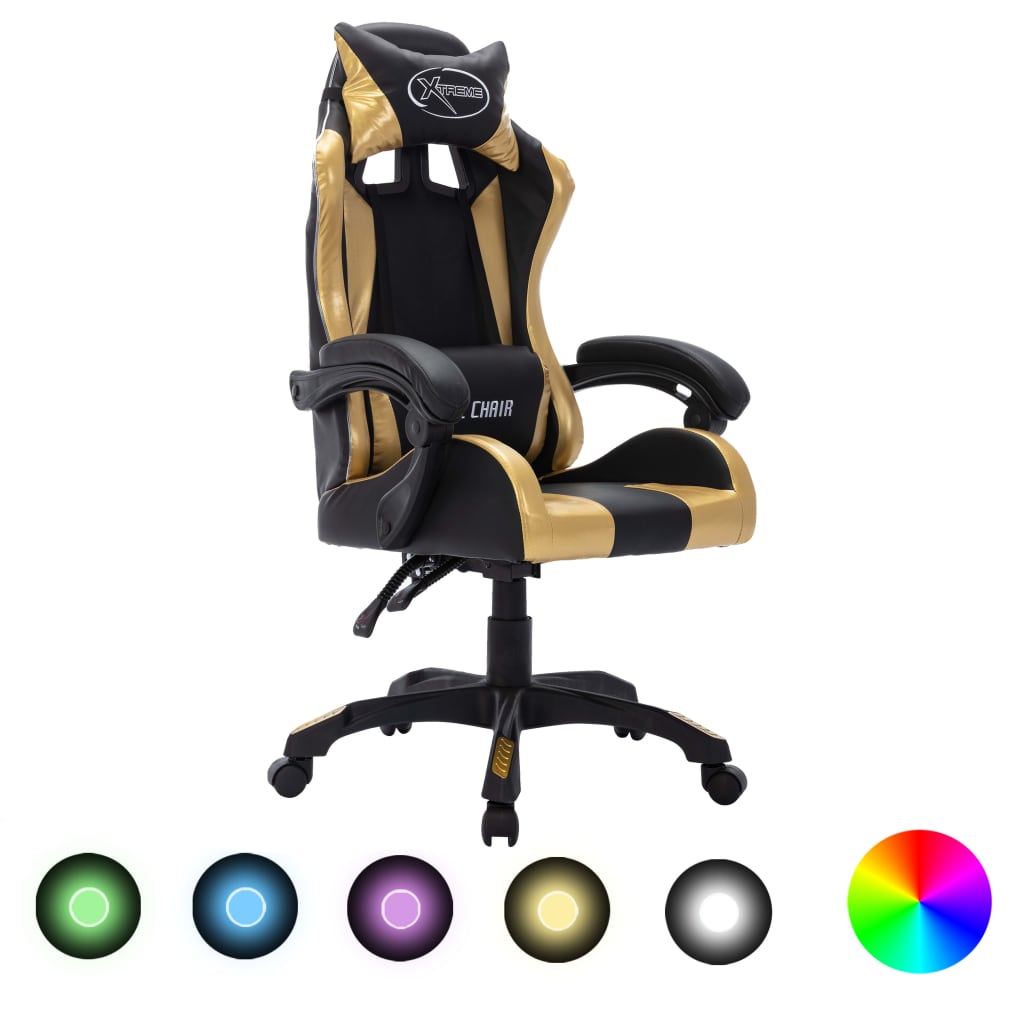 vidaXL Scaun de jocuri cu LED RGB, auriu și negru, piele ecologică vidaXL Scaun de jocuri cu LED RGB, auriu și negru, piele ecologică