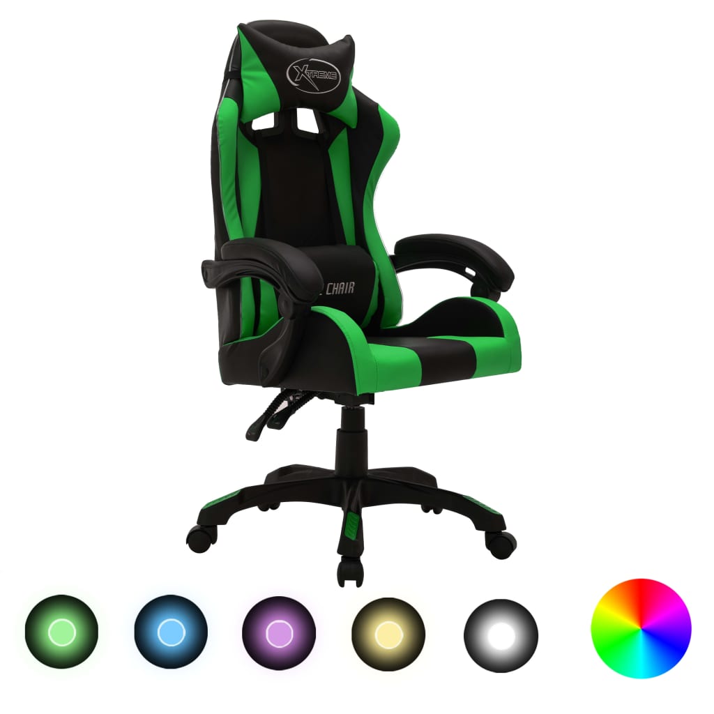 vidaXL Scaun de jocuri cu LED RGB, verde și negru, piele ecologică vidaXL Scaun de jocuri cu LED RGB, verde și negru, piele ecologică