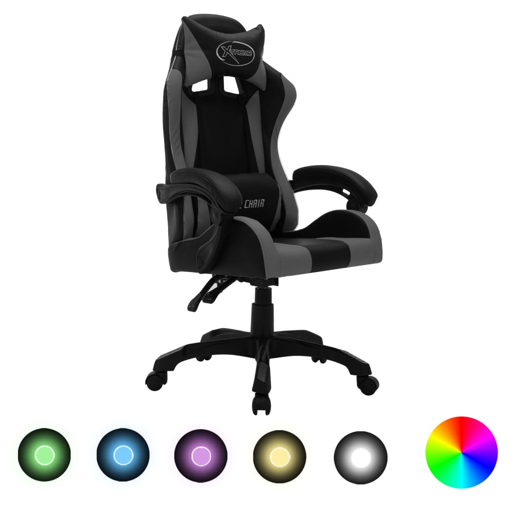 vidaXL Scaun de racing cu LED RGB, gri și negru, piele ecologică vidaXL Scaun de racing cu LED RGB, gri și negru, piele ecologică