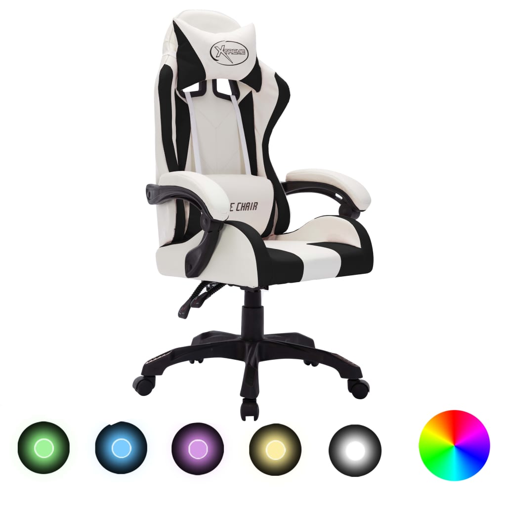 vidaXL Scaun de racing cu LED RGB, alb și negru, piele ecologică vidaXL Scaun de racing cu LED RGB, alb și negru, piele ecologică