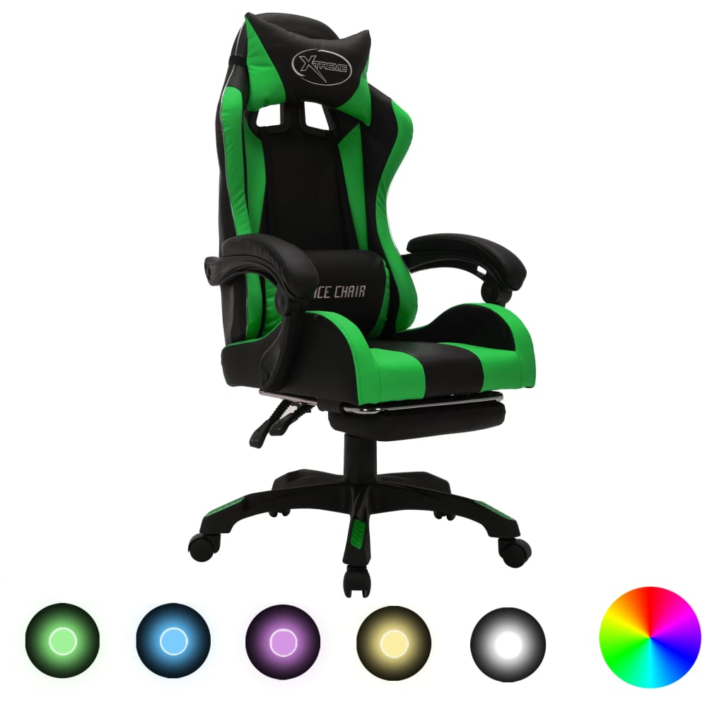 vidaXL Scaun de jocuri cu LED RGB, verde și negru, piele ecologică vidaXL Scaun de jocuri cu LED RGB, verde și negru, piele ecologică