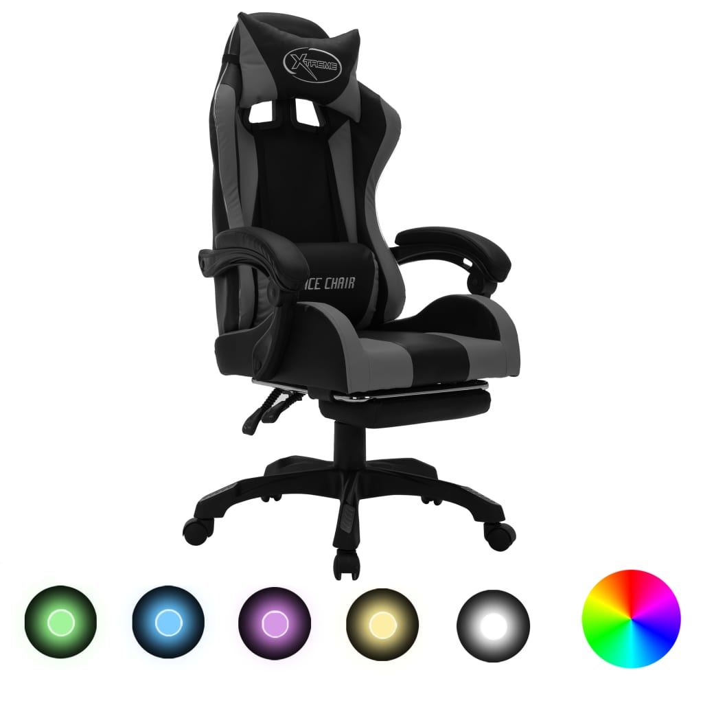 vidaXL Scaun de racing cu LED RGB, gri și negru, piele ecologică vidaXL Scaun de racing cu LED RGB, gri și negru, piele ecologică