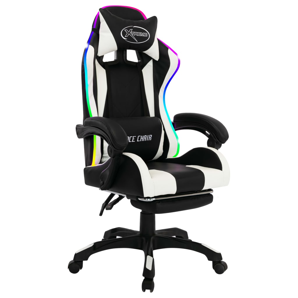 vidaXL Scaun de racing cu LED RGB, alb și negru, piele ecologică vidaXL Scaun de racing cu LED RGB, alb și negru, piele ecologică