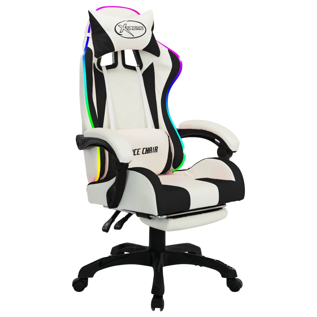 vidaXL Scaun de racing cu LED RGB, negru și alb, piele ecologică vidaXL Scaun de racing cu LED RGB, negru și alb, piele ecologică