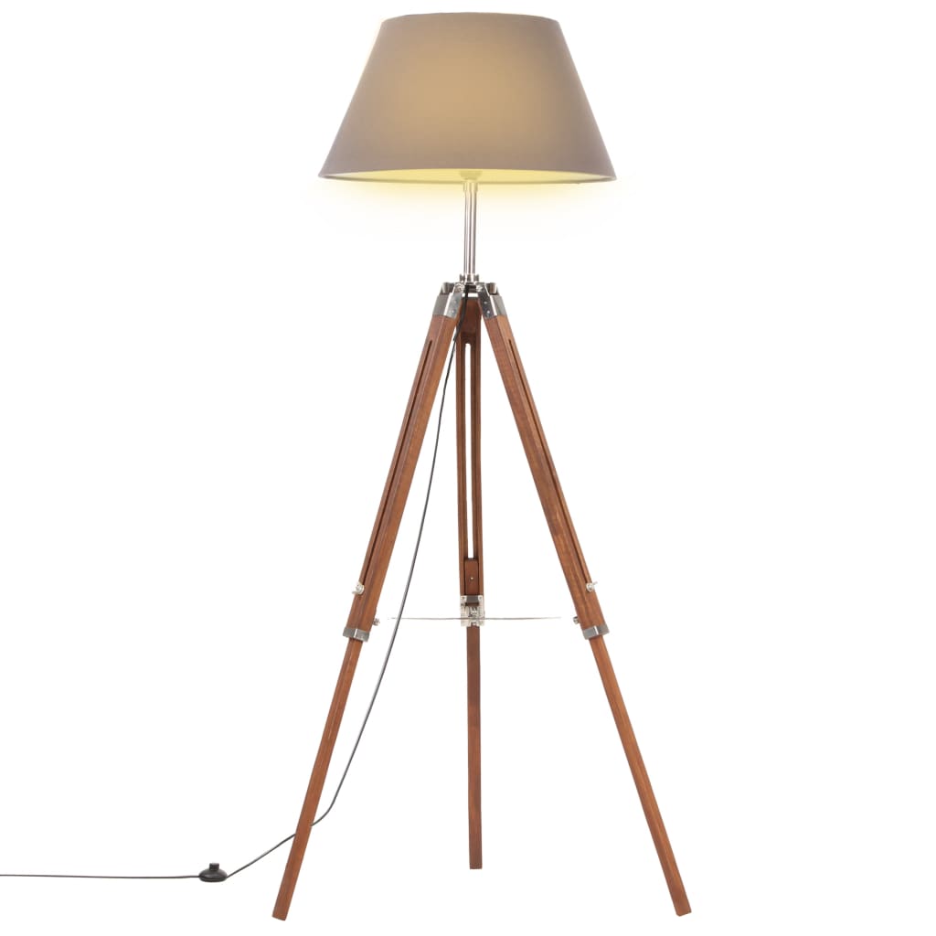 vidaXL Lampă de podea trepied, maro miere și gri, 141 cm, lemn de tec vidaXL Lampă de podea trepied, maro miere și gri, 141 cm, lemn de tec