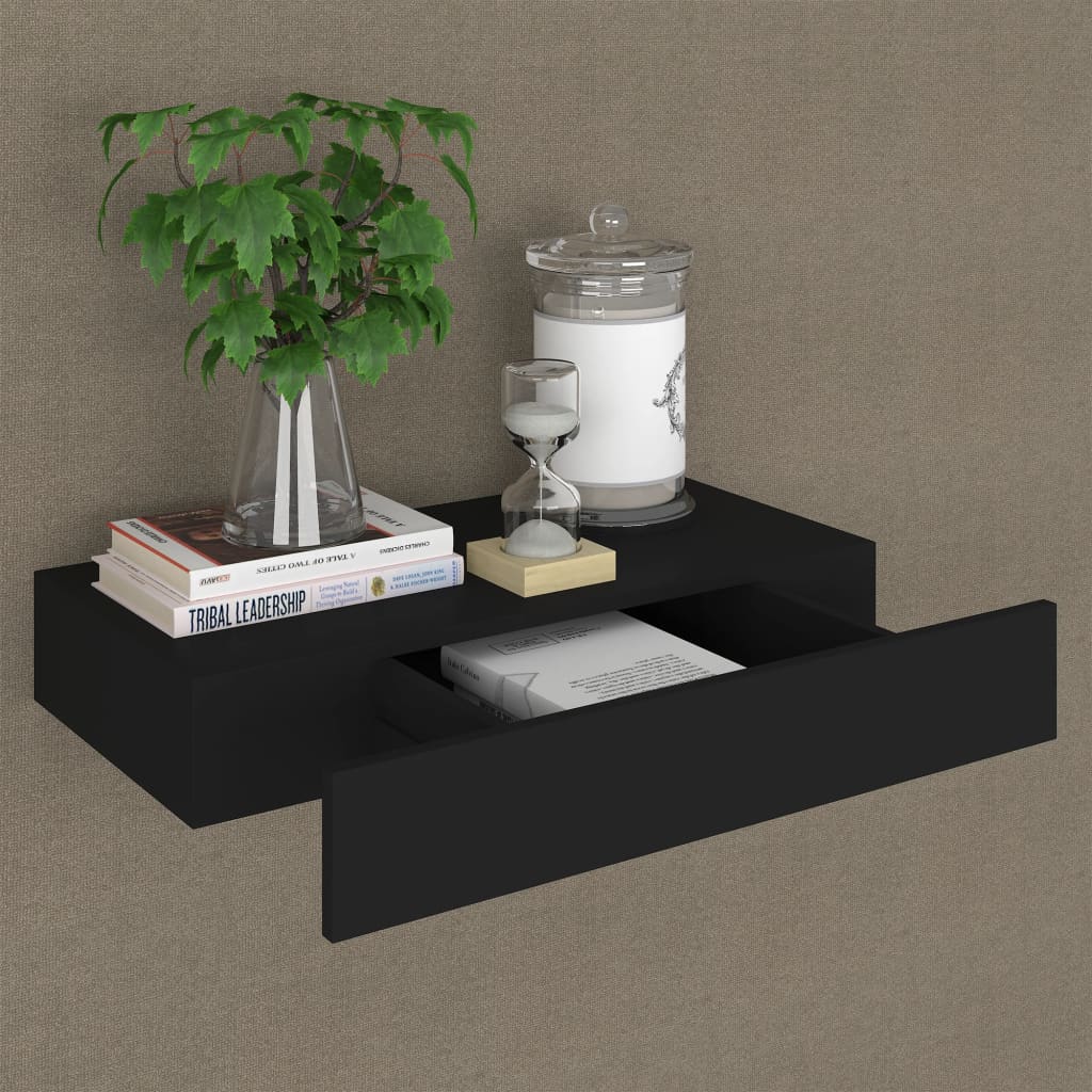 vidaXL Raft de perete suspendat cu sertar, negru, 48 x 25 x 8 cm