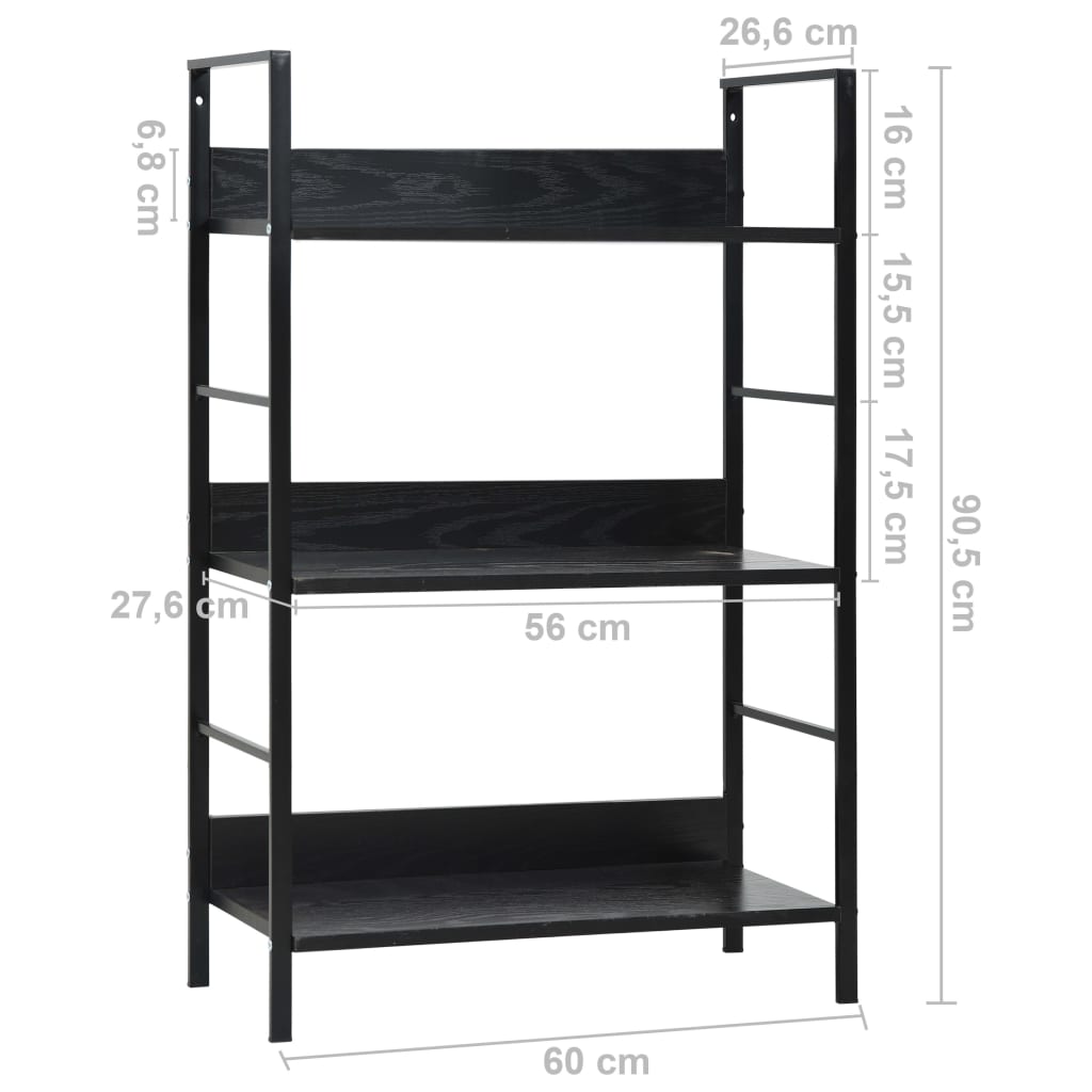 vidaXL Etajeră cărți 3 rafturi, negru, 60x27,6x90,5 cm, lemn prelucrat