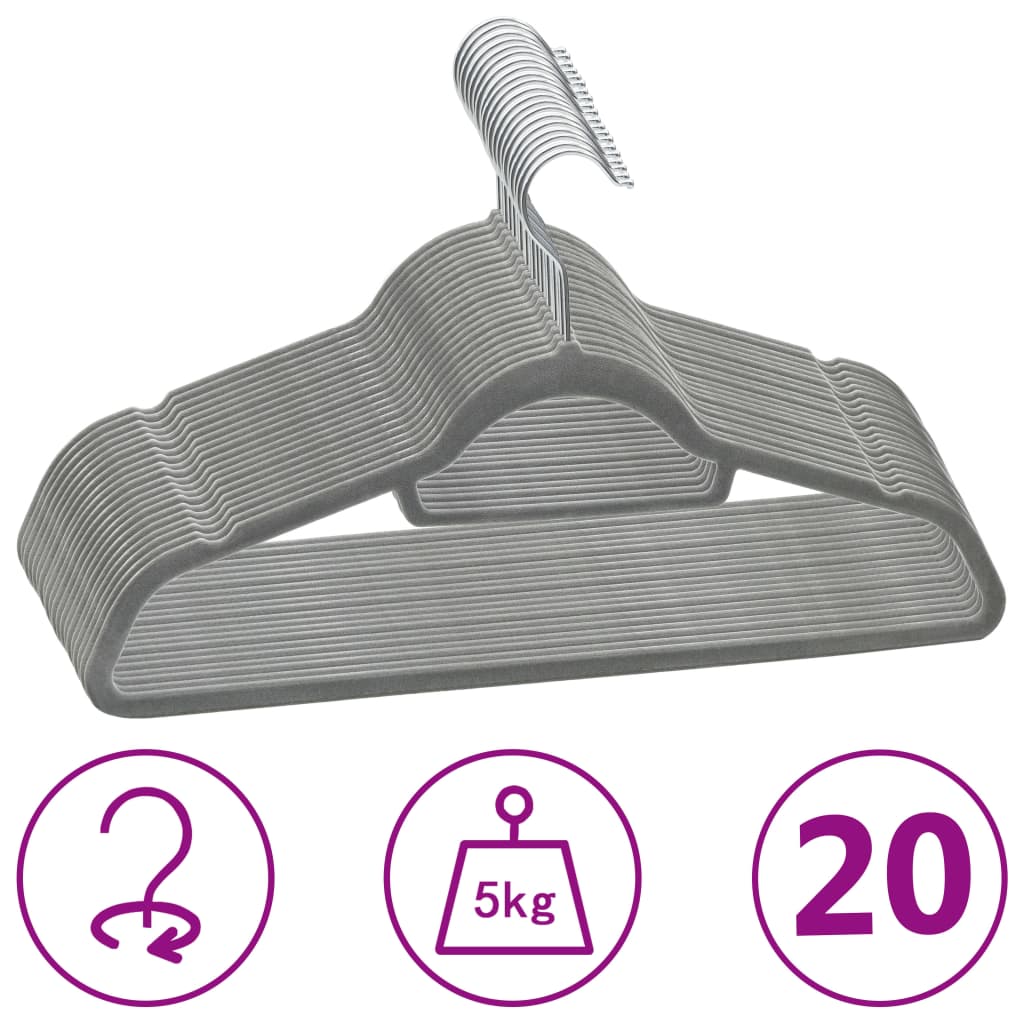 vidaXL Set de umerașe anti-alunecare, 20 buc., gri, catifea vidaXL Set de umerașe anti-alunecare, 20 buc., gri, catifea