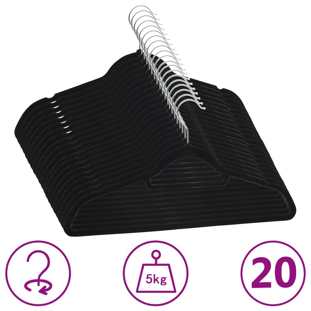 vidaXL Set de umerașe anti-alunecare, 20 buc., negru, catifea vidaXL Set de umerașe anti-alunecare, 20 buc., negru, catifea