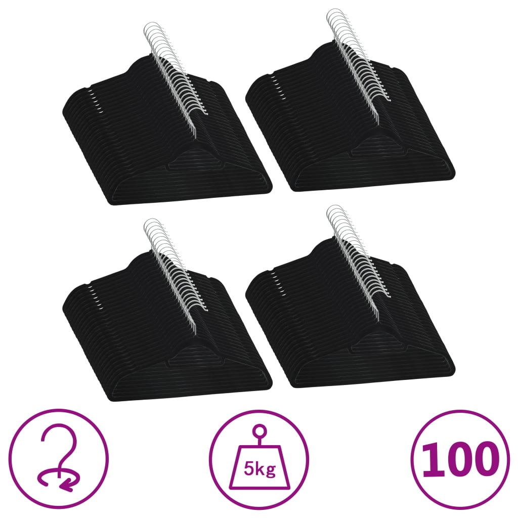 vidaXL Set de umerașe anti-alunecare, 100 buc., negru, catifea vidaXL Set de umerașe anti-alunecare, 100 buc., negru, catifea