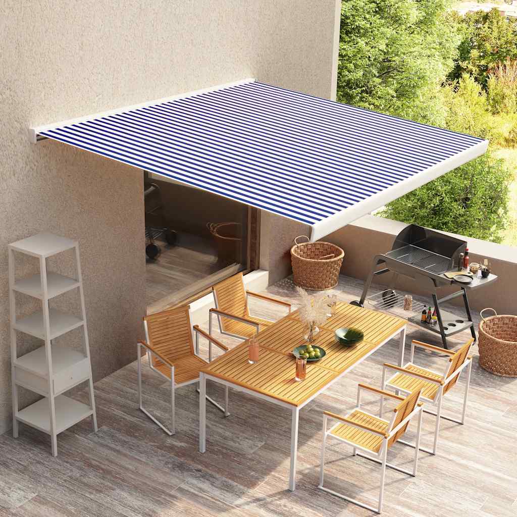 vidaXL Copertină motorizată tip casetă, albastru și alb, 350 x 250 cm vidaXL Copertină motorizată tip casetă, albastru și alb, 350 x 250 cm