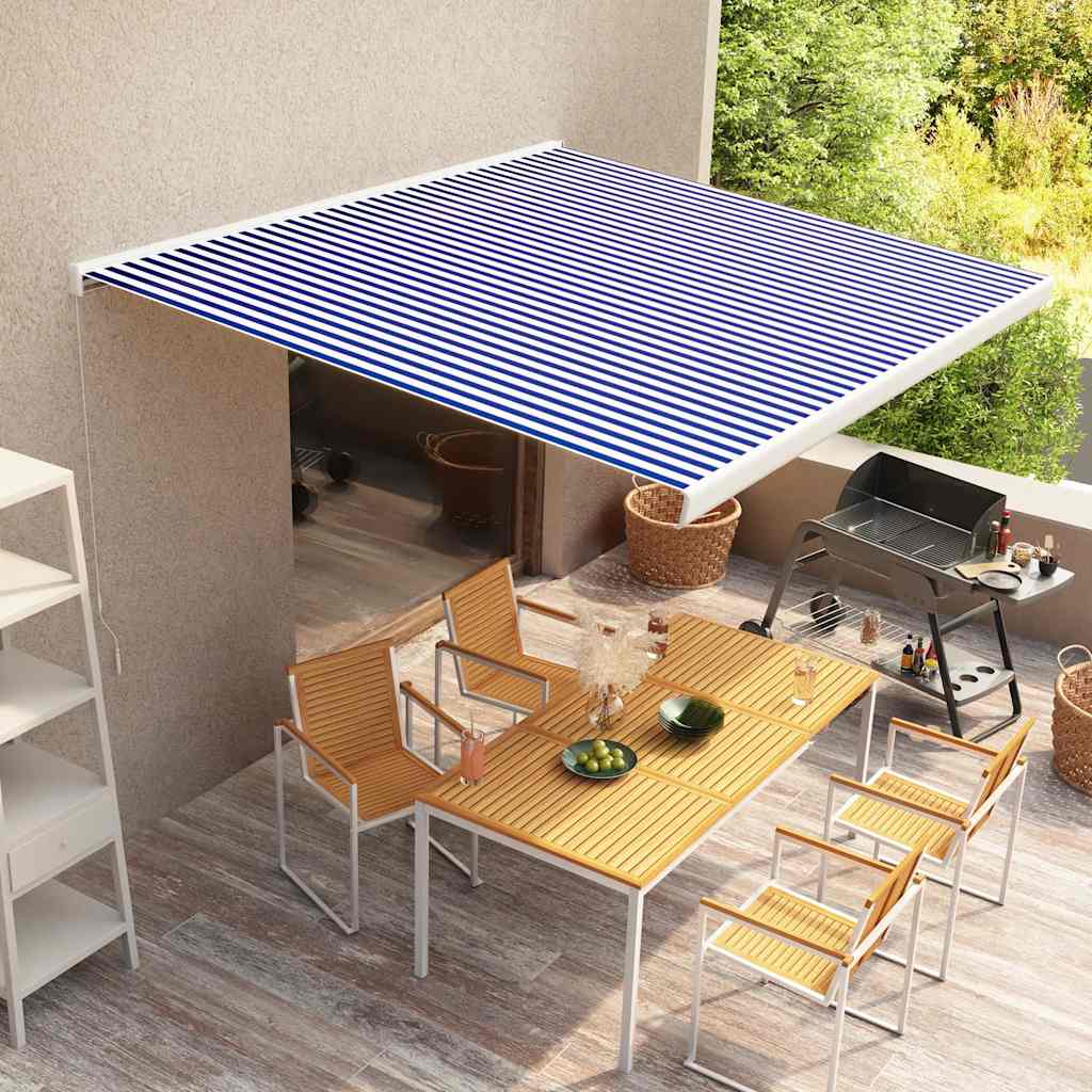 vidaXL Copertină manuală tip casetă, albastru și alb, 350 x 250 cm vidaXL Copertină manuală tip casetă, albastru și alb, 350 x 250 cm