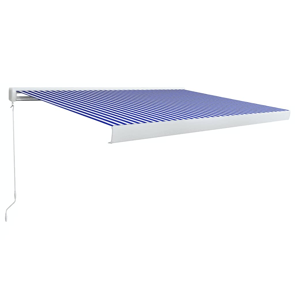 vidaXL Copertină manuală tip casetă, albastru și alb, 450 x 300 cm