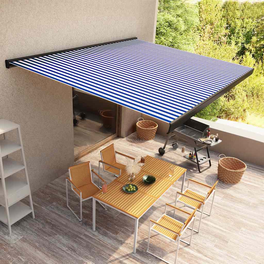 vidaXL Copertină motorizată tip casetă, albastru și alb, 500 x 300 cm vidaXL Copertină motorizată tip casetă, albastru și alb, 500 x 300 cm