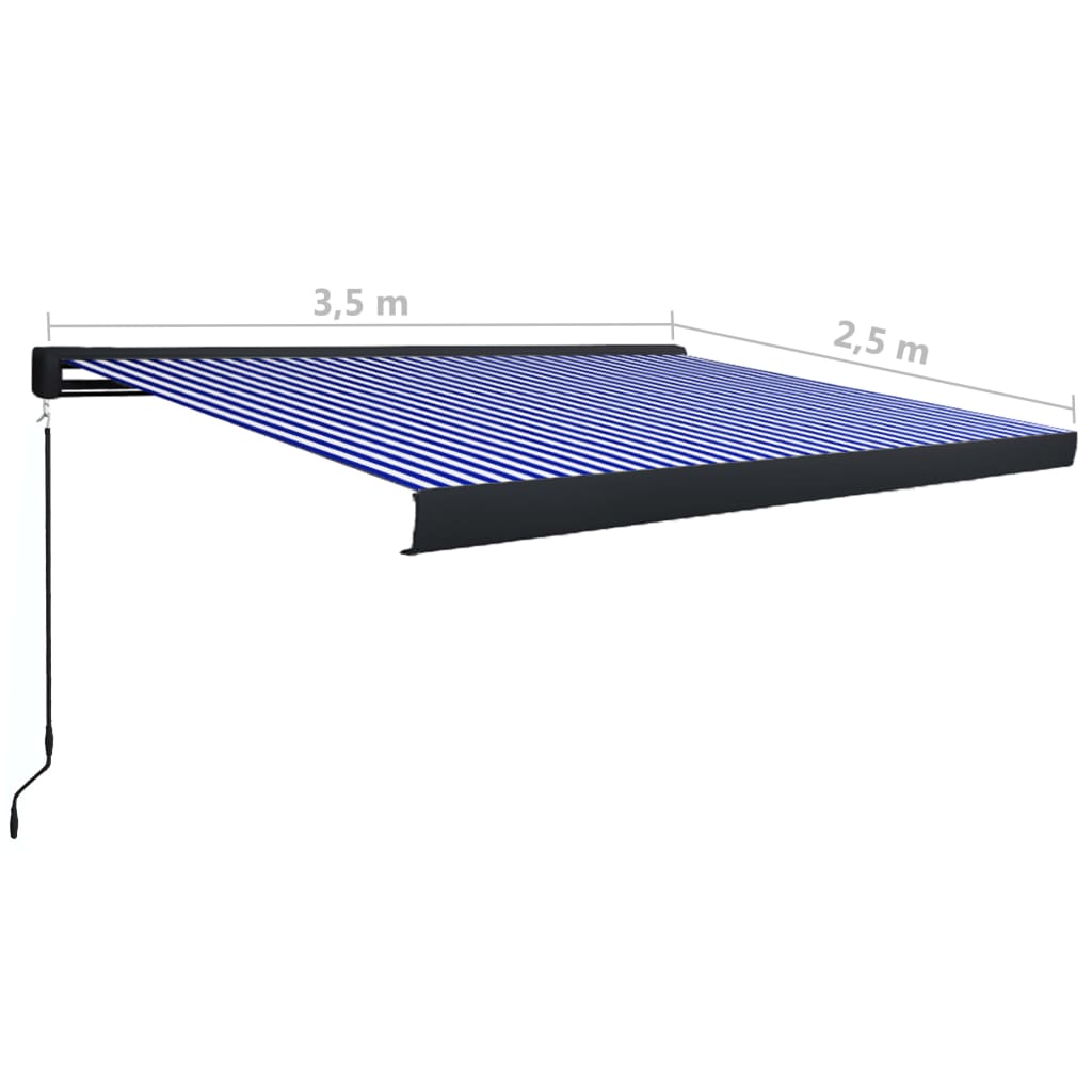 vidaXL Copertină manuală tip casetă, albastru și alb, 350 x 250 cm