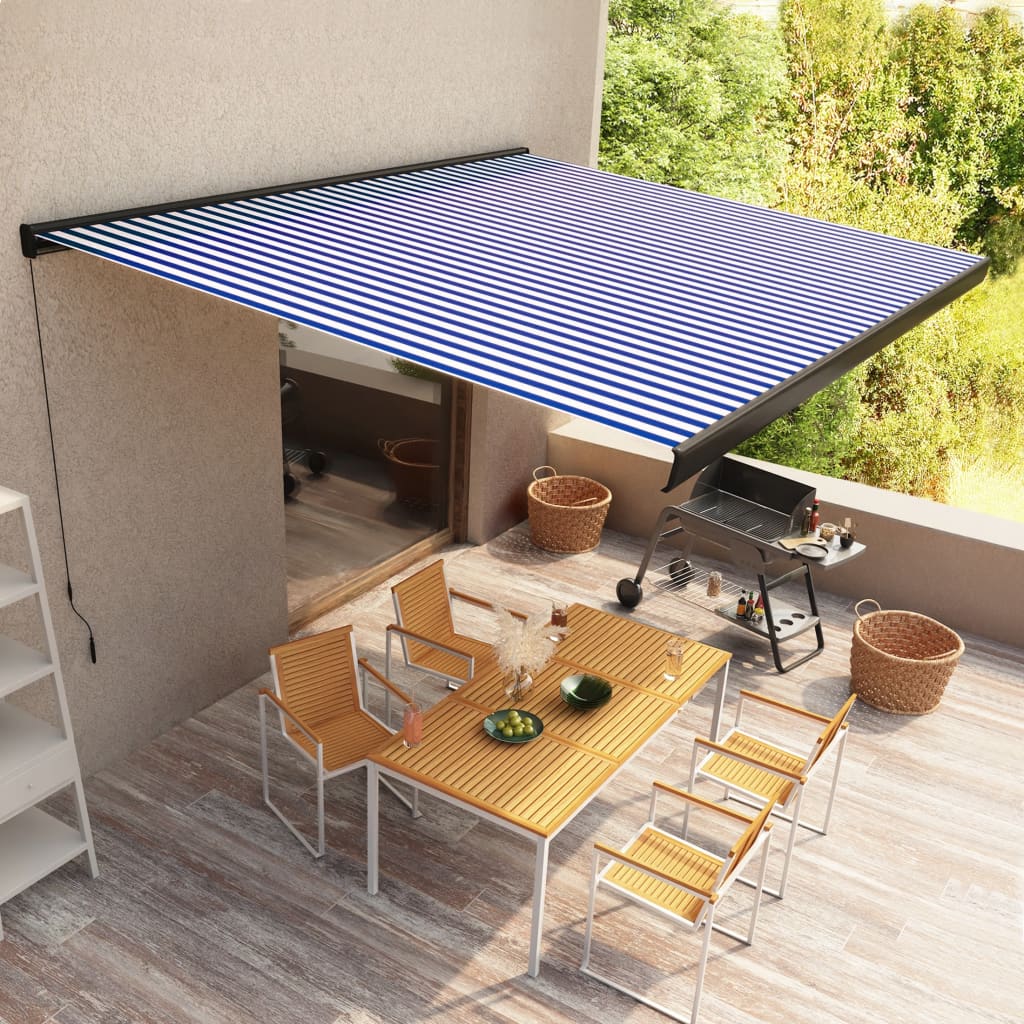 vidaXL Copertină manuală tip casetă, albastru și alb, 500 x 300 cm vidaXL Copertină manuală tip casetă, albastru și alb, 500 x 300 cm