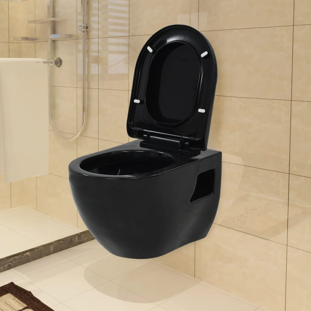 vidaXL Vas toaletă suspendat cu rezervor încastrat, negru, ceramică vidaXL Vas toaletă suspendat cu rezervor încastrat, negru, ceramică