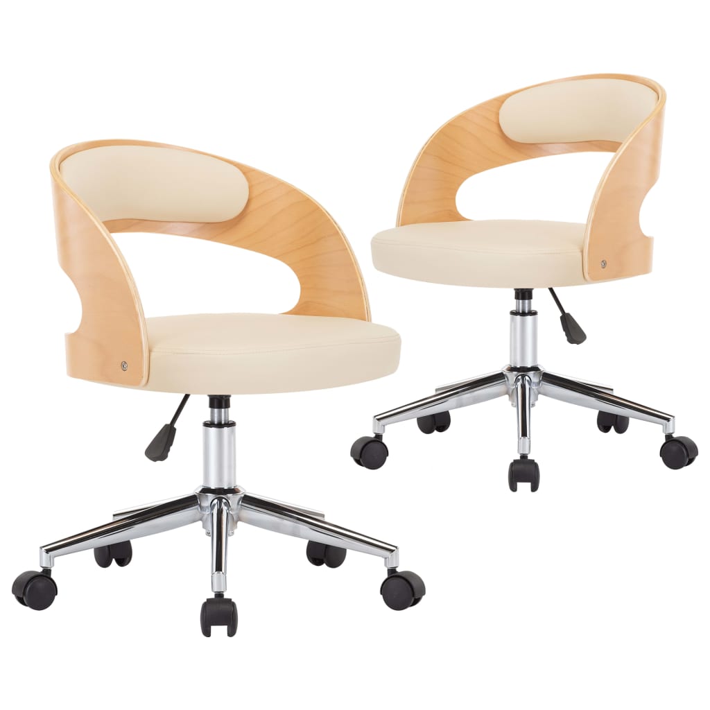 vidaXL Scaune pivotante, 2 buc. crem, lemn curbat & piele ecologică