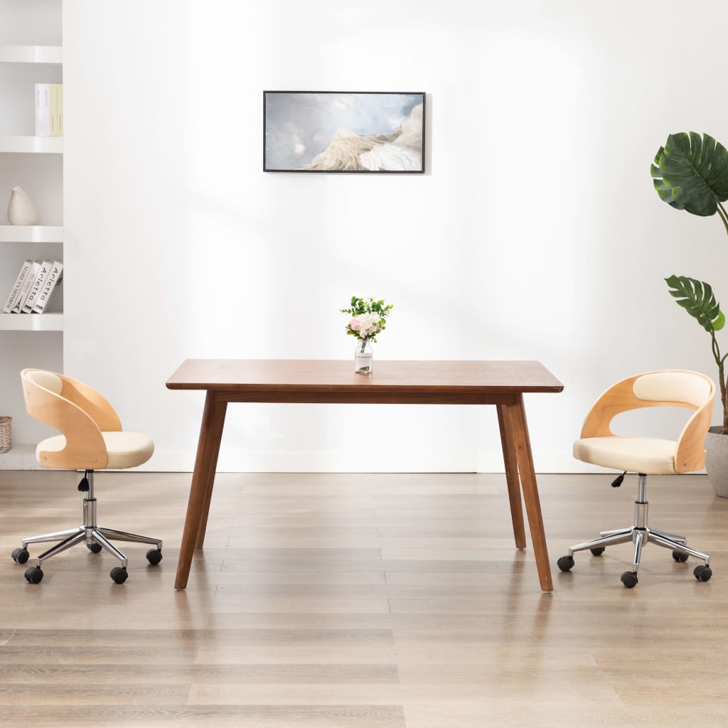 vidaXL Scaune pivotante, 2 buc. crem, lemn curbat & piele ecologică
