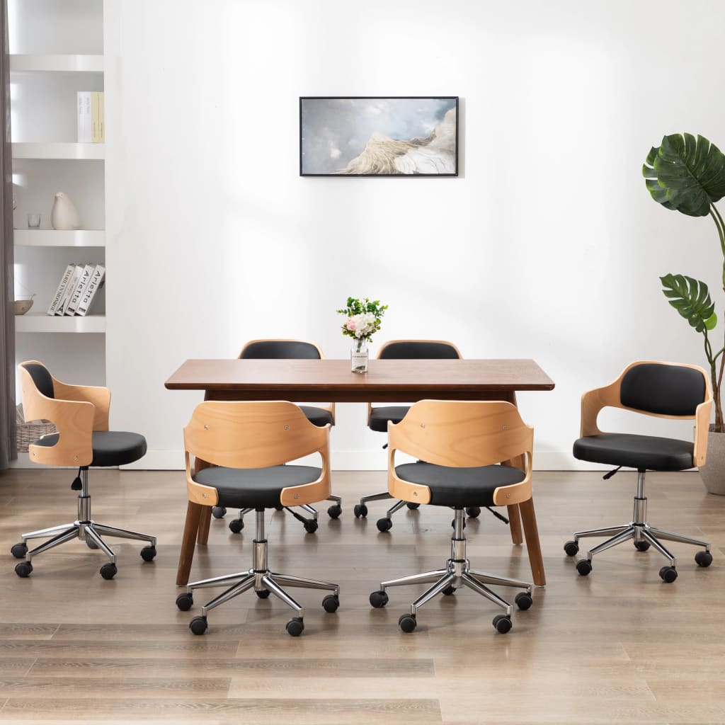 vidaXL Scaune pivotante, 6 buc. negru, lemn curbat & piele ecologică