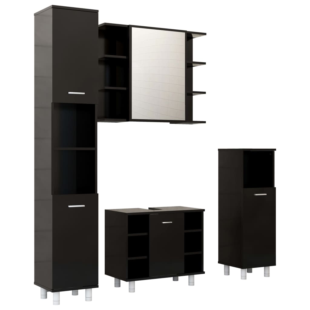 vidaXL Set mobilier de baie, 4 piese, negru, lemn prelucrat