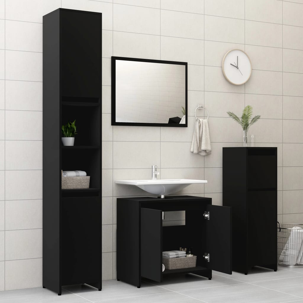 vidaXL Set mobilier de baie, 3 piese, negru, lemn prelucrat vidaXL Set mobilier de baie, 3 piese, negru, lemn prelucrat