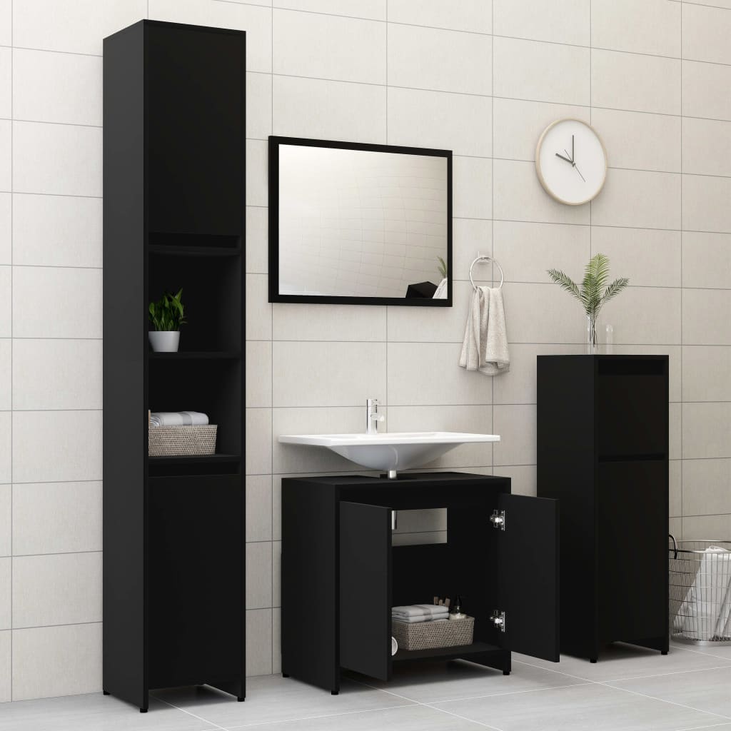 vidaXL Set mobilier de baie, 3 piese, negru, lemn prelucrat vidaXL Set mobilier de baie, 3 piese, negru, lemn prelucrat