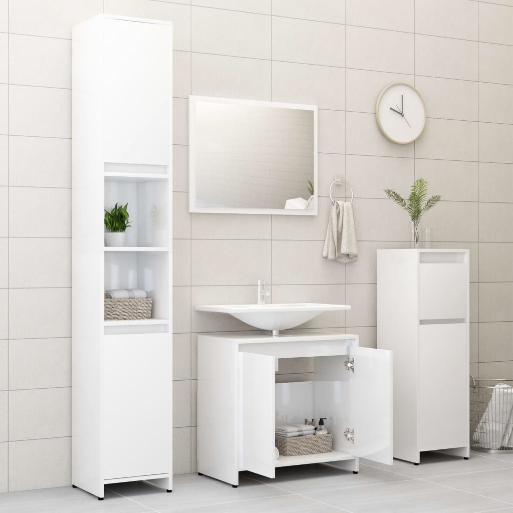 vidaXL Set mobilier de baie, 3 piese, alb extralucios, lemn prelucrat vidaXL Set mobilier de baie, 3 piese, alb extralucios, lemn prelucrat