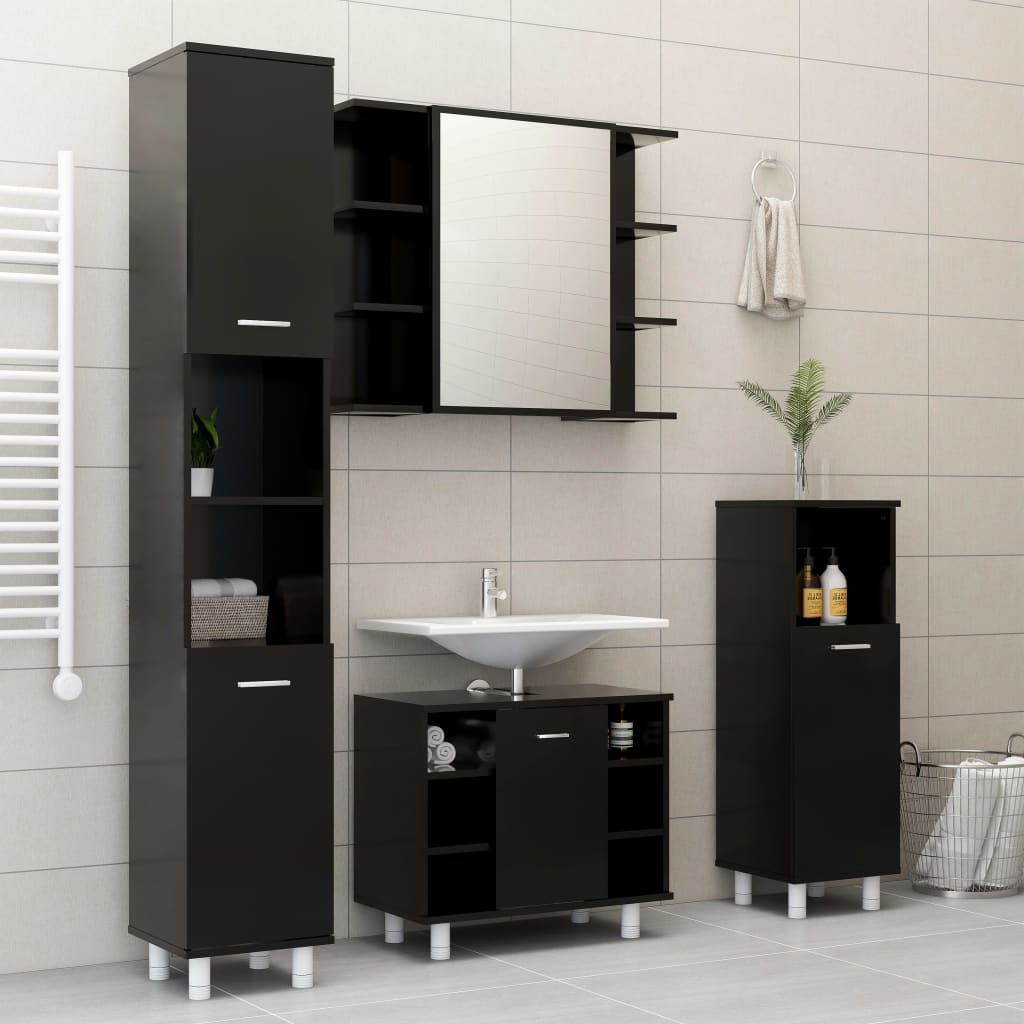 vidaXL Set mobilier de baie, 3 piese, negru, lemn prelucrat vidaXL Set mobilier de baie, 3 piese, negru, lemn prelucrat