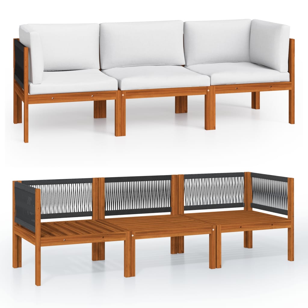 vidaXL Canapea de grădină cu 3 locuri și pernă din lemn de salcâm și frânghie