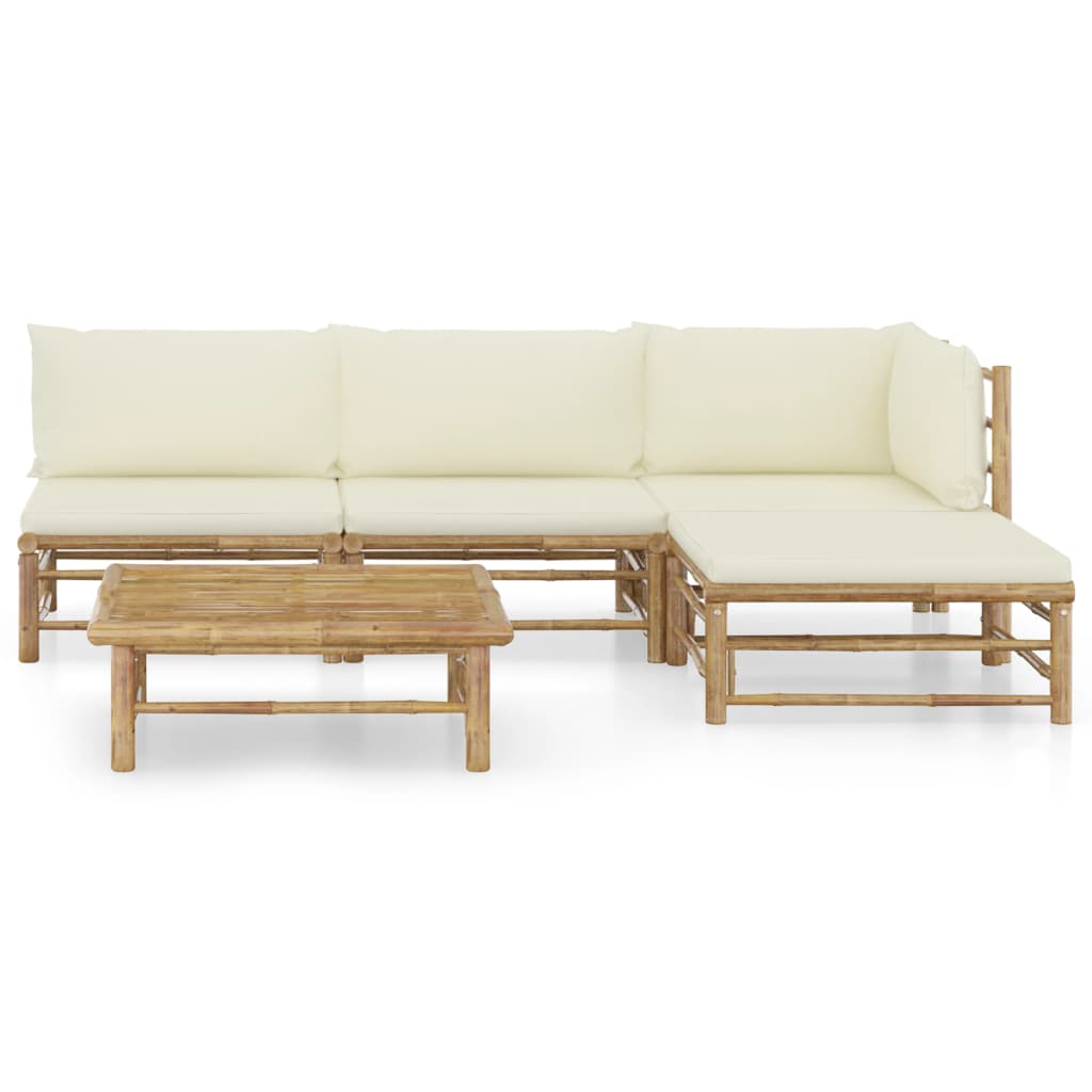 vidaXL Set mobilier de grădină, cu perne alb crem, 5 piese, bambus vidaXL Set mobilier de grădină, cu perne alb crem, 5 piese, bambus