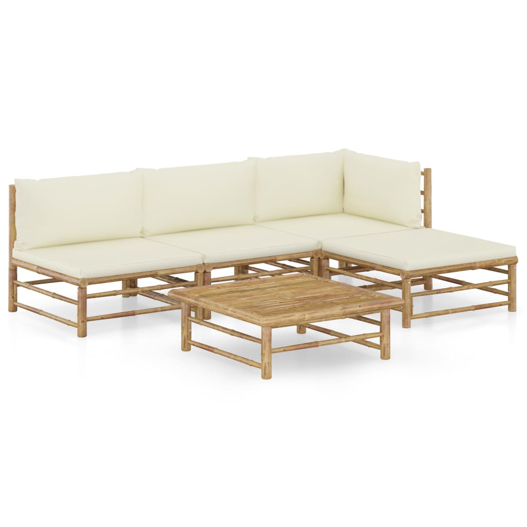 vidaXL Set mobilier de grădină, cu perne alb crem, 5 piese, bambus vidaXL Set mobilier de grădină, cu perne alb crem, 5 piese, bambus
