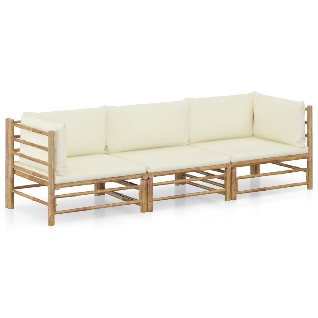 vidaXL Set mobilier de grădină, cu perne alb crem, 3 piese, bambus vidaXL Set mobilier de grădină, cu perne alb crem, 3 piese, bambus