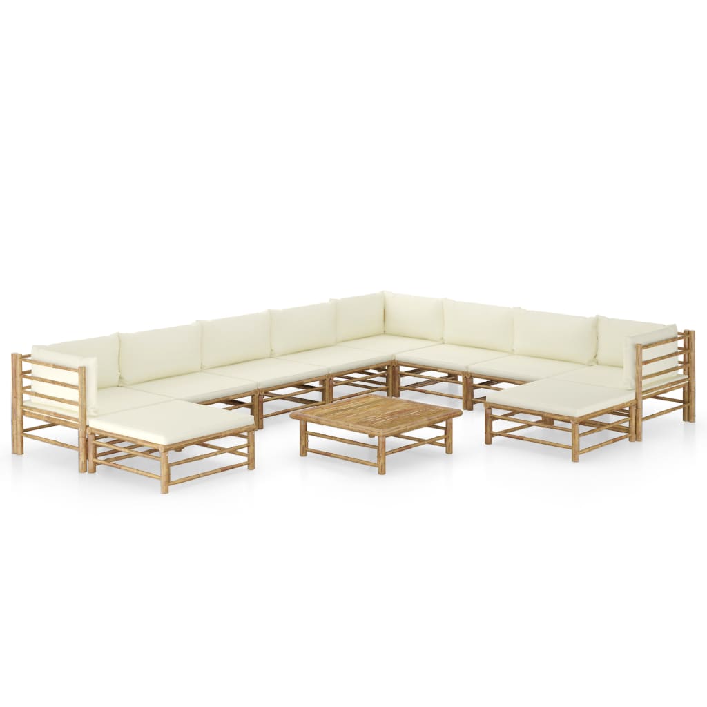 vidaXL Set mobilier de grădină, cu perne alb crem, 11 piese, bambus vidaXL Set mobilier de grădină, cu perne alb crem, 11 piese, bambus