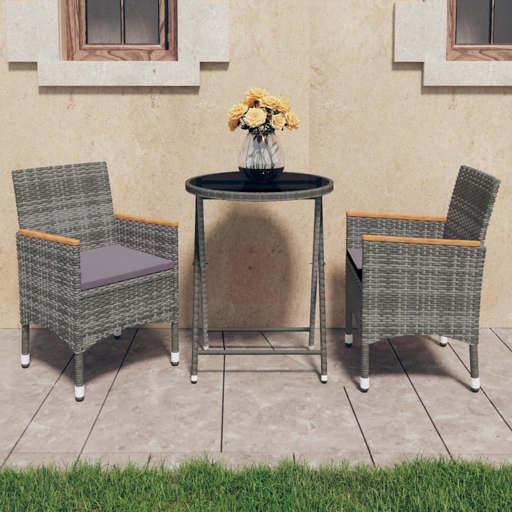 vidaXL Set mobilier de grădină, 3 piese, gri, poliratan și sticlă vidaXL Set mobilier de grădină, 3 piese, gri, poliratan și sticlă