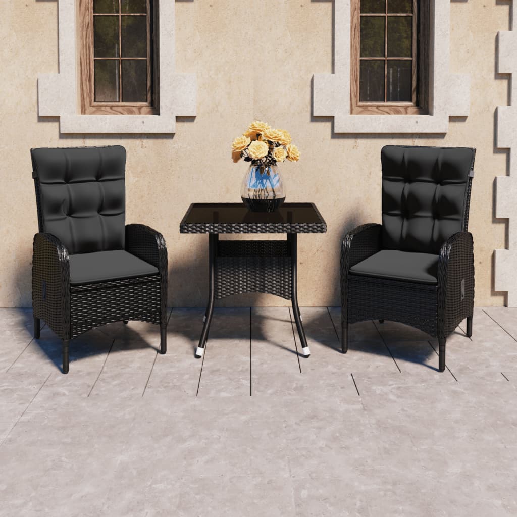 vidaXL Set mobilier grădină, 3 piese, negru, poliratan și sticlă vidaXL Set mobilier grădină, 3 piese, negru, poliratan și sticlă