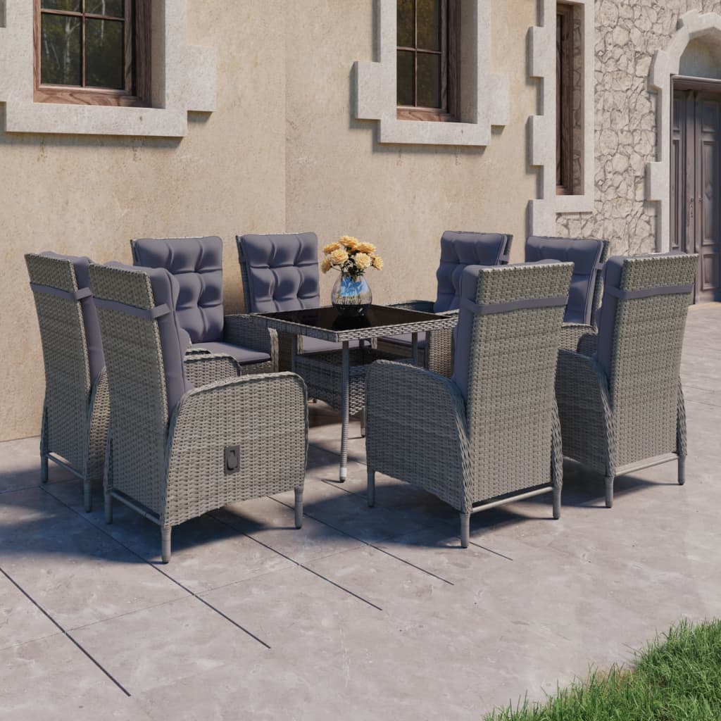 vidaXL Set mobilier grădină, 9 piese, gri, poliratan și sticlă vidaXL Set mobilier grădină, 9 piese, gri, poliratan și sticlă