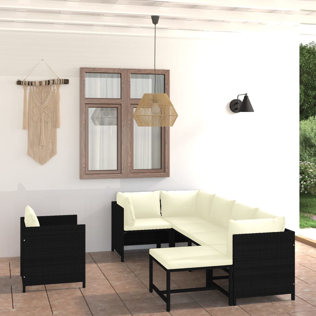 vidaXL Set mobilier de grădină cu perne, 7 piese, negru, poliratan vidaXL Set mobilier de grădină cu perne, 7 piese, negru, poliratan