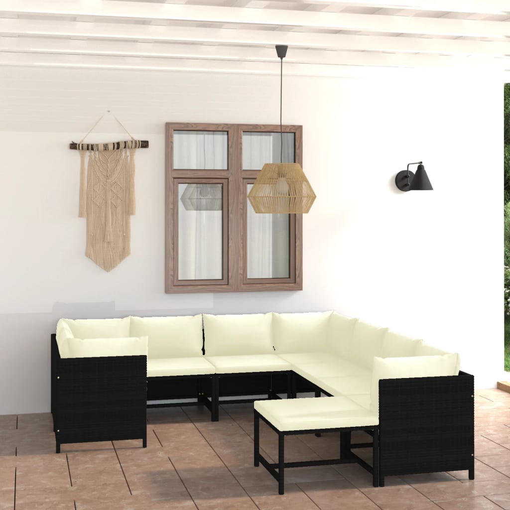 vidaXL Set mobilier de grădină cu perne, 9 piese, negru, poliratan