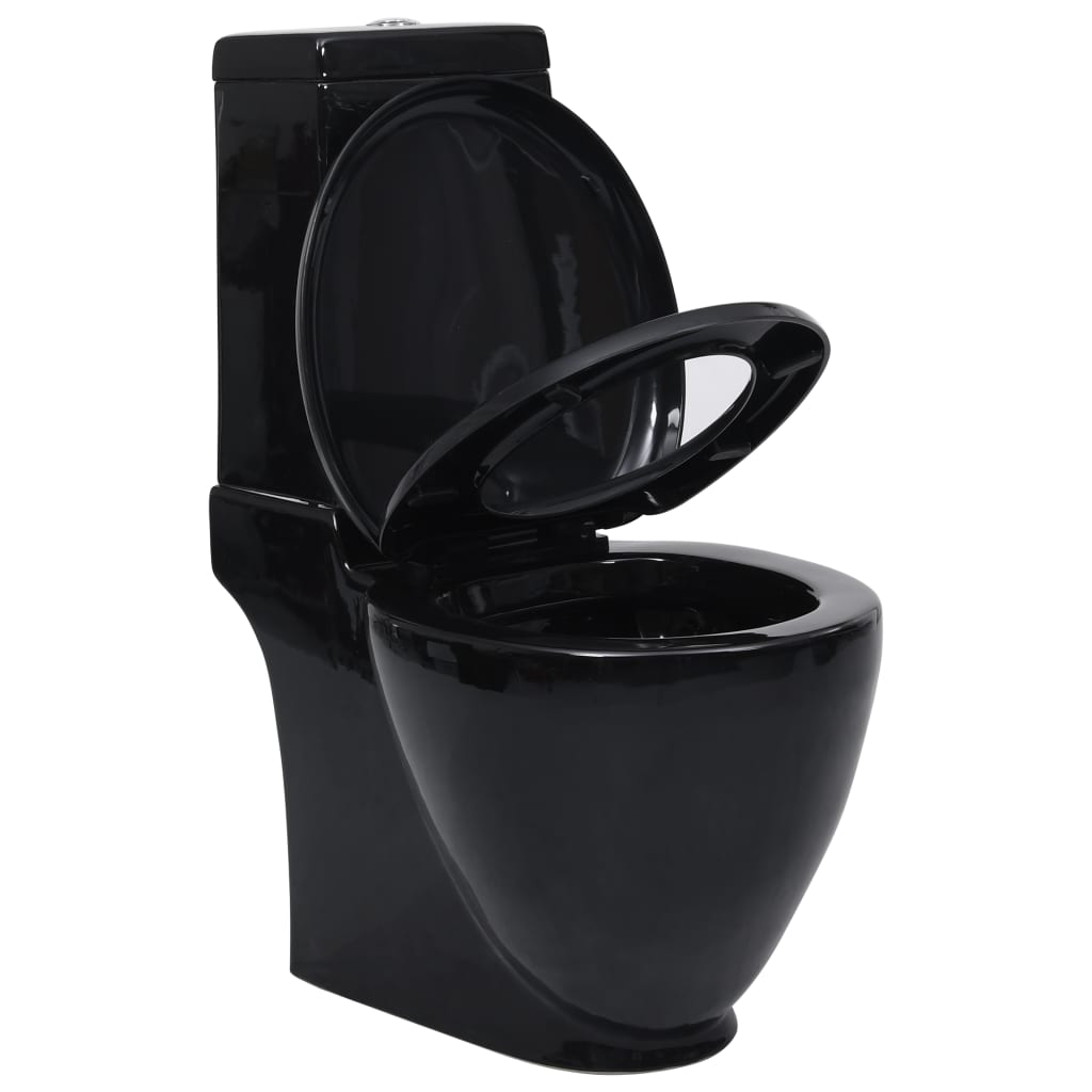 vidaXL Vas WC toaletă baie, negru, ceramică, rotund, flux inferior vidaXL Vas WC toaletă baie, negru, ceramică, rotund, flux inferior