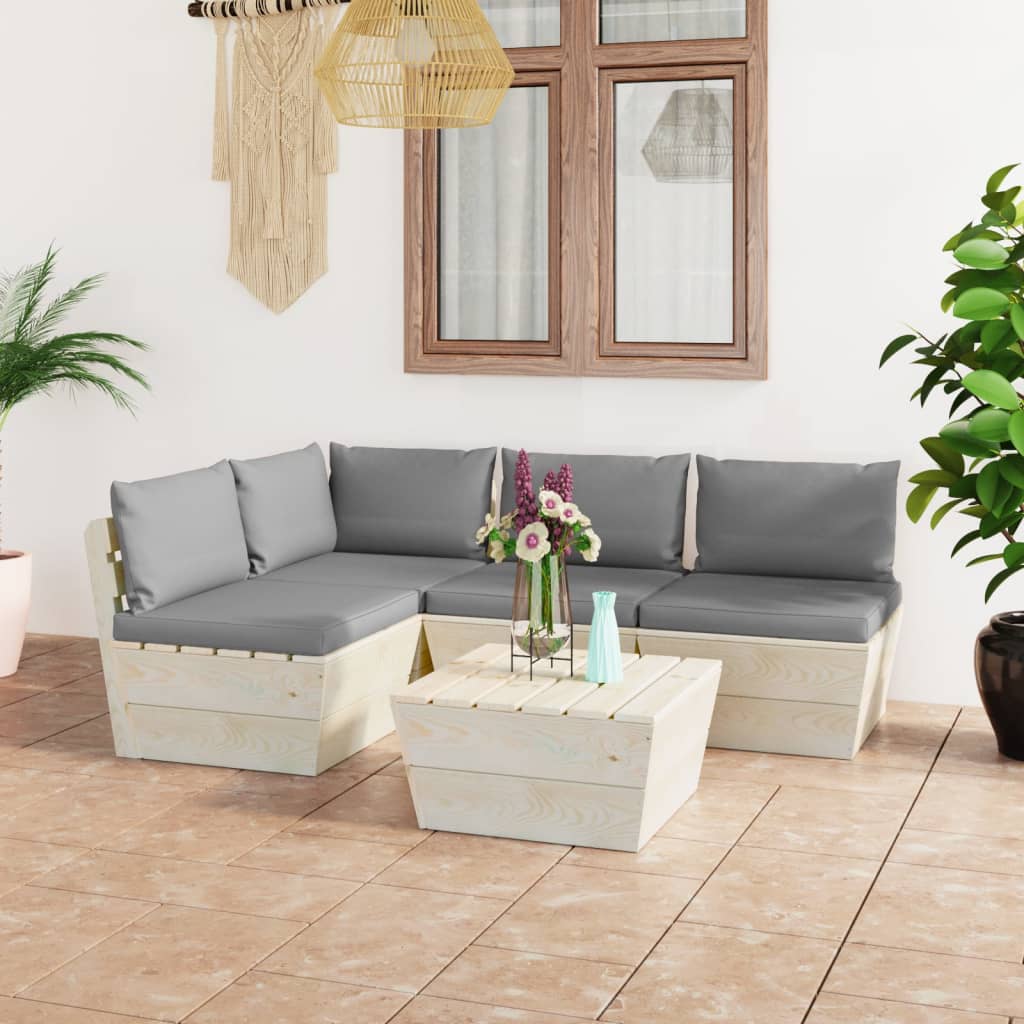 vidaXL Set mobilier grădină din paleți cu perne, 5 piese, lemn molid vidaXL Set mobilier grădină din paleți cu perne, 5 piese, lemn molid