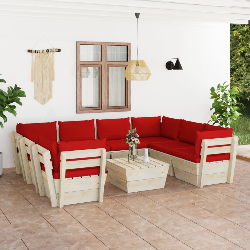 vidaXL Set mobilier grădină paleți, 9 piese, cu perne, lemn de molid vidaXL Set mobilier grădină paleți, 9 piese, cu perne, lemn de molid